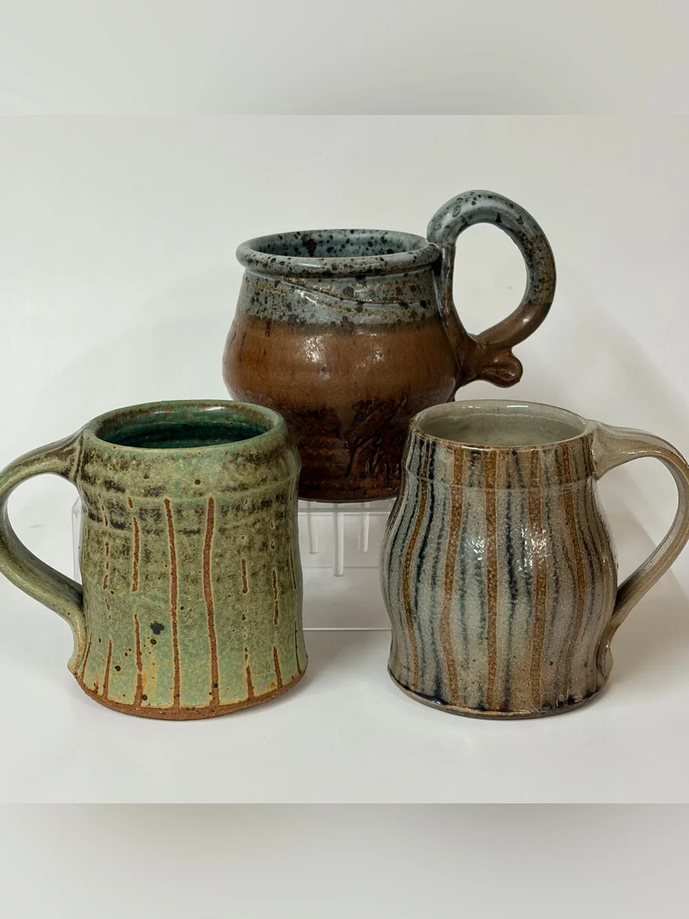 Studio Art Pottery Mug Ceramic Artist Signed Earthtone Multicolor Lot 3 Folk Art